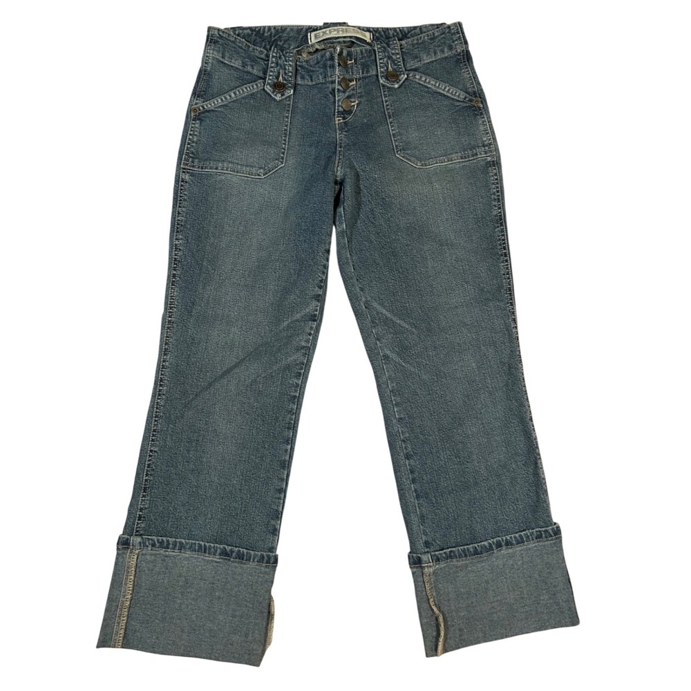 Y2K EXPRESS Women's Blue Denim Fitted Straight Jeans Size 3/4 Grunge VTG Utility